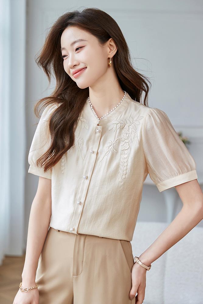 2026夏季新款國風新中式小衫輕薄透氣天絲刺繡珍珠立領襯衫上衣女