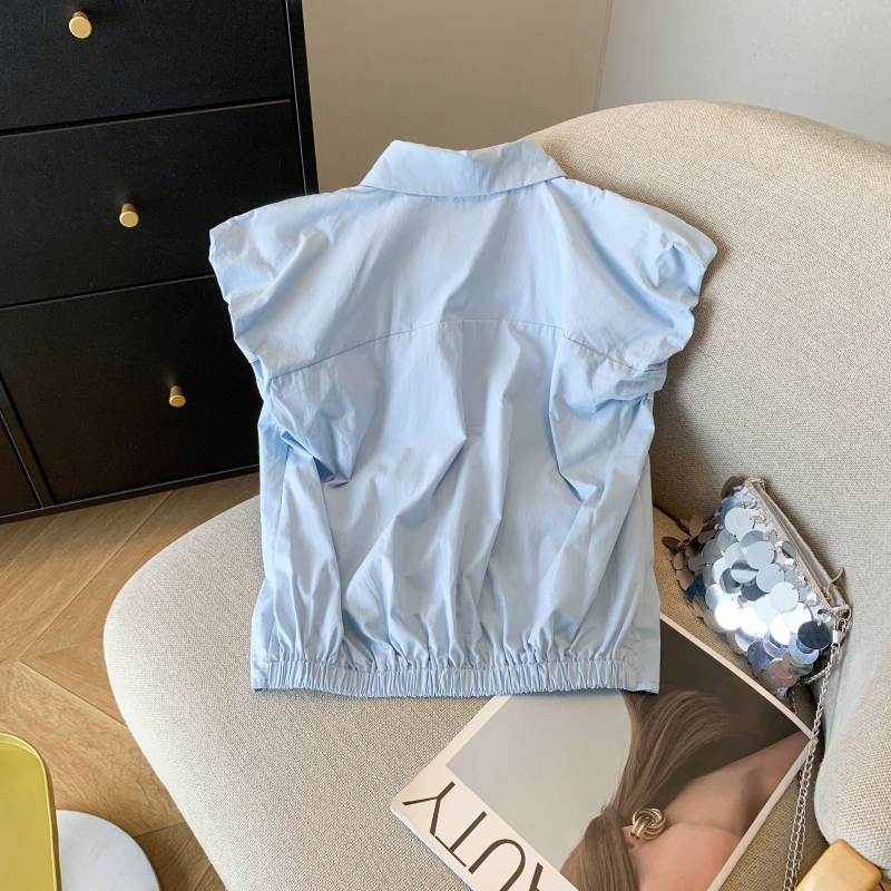 實拍 設計感褶皺無袖襯衫女新款polo領顯瘦純色外穿洋氣小衫