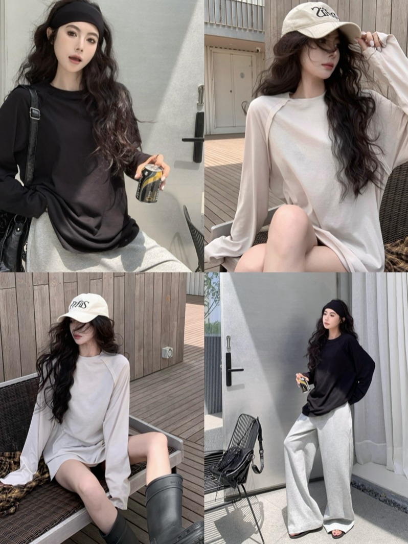 Real shot of summer versatile thin and slightly see-through snowflake cotton loose raglan sleeve T-shirt women's thin long-sleeved sun protection top