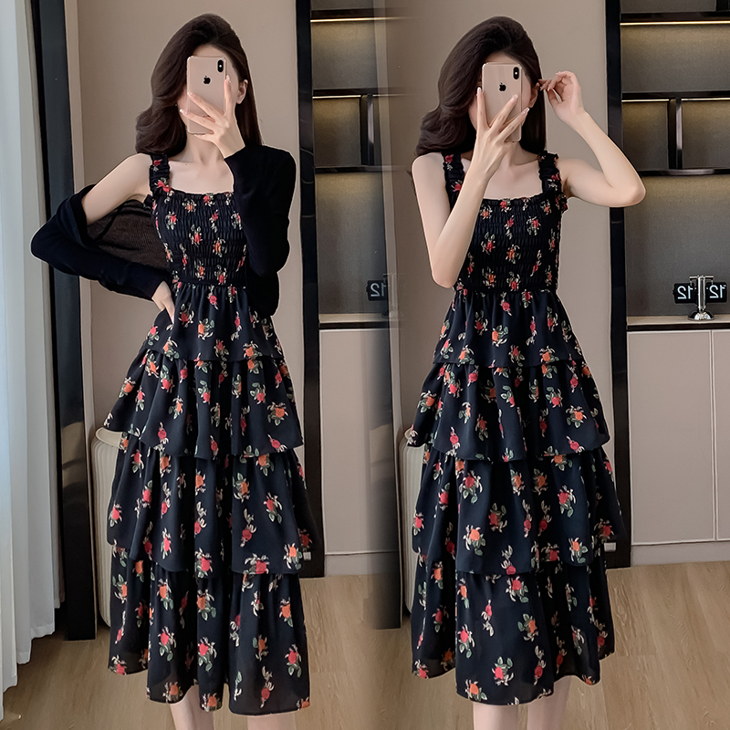 實拍法式黑色玫瑰碎花吊帶連衣裙女夏季收腰兩件套小眾蛋糕裙長款