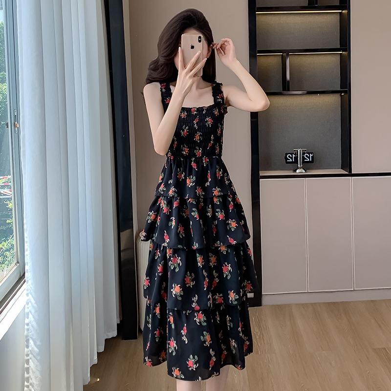 實拍法式黑色玫瑰碎花吊帶連衣裙女夏季收腰兩件套小眾蛋糕裙長款