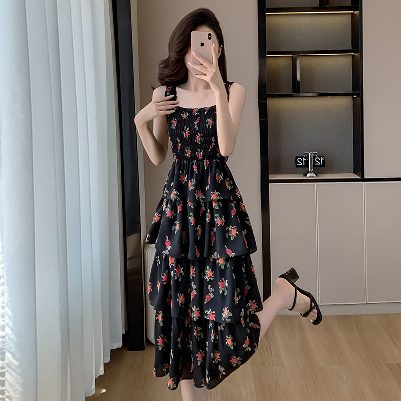 實拍法式黑色玫瑰碎花吊帶連衣裙女夏季收腰兩件套小眾蛋糕裙長款