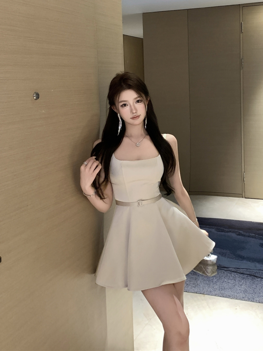 實拍復古性感高級緞面收腰顯瘦吊帶連衣裙蓬蓬裙女