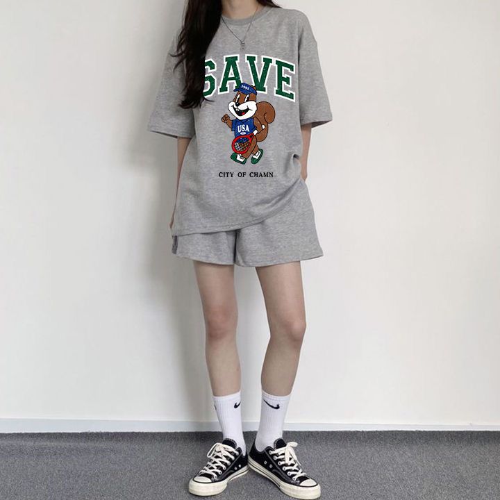 学院风休闲短袖短裤两件字母印花日系可爱少女运动服套装女搭配