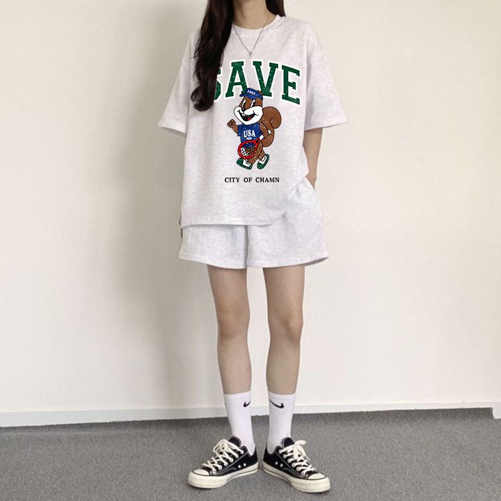 学院风休闲短袖短裤两件字母印花日系可爱少女运动服套装女搭配