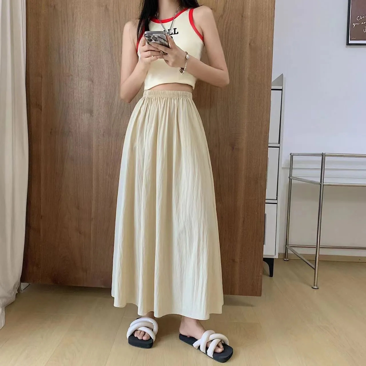 Yamamoto girls summer apricot high-waist pleated new long skirt loose slimming casual fresh A-line skirt