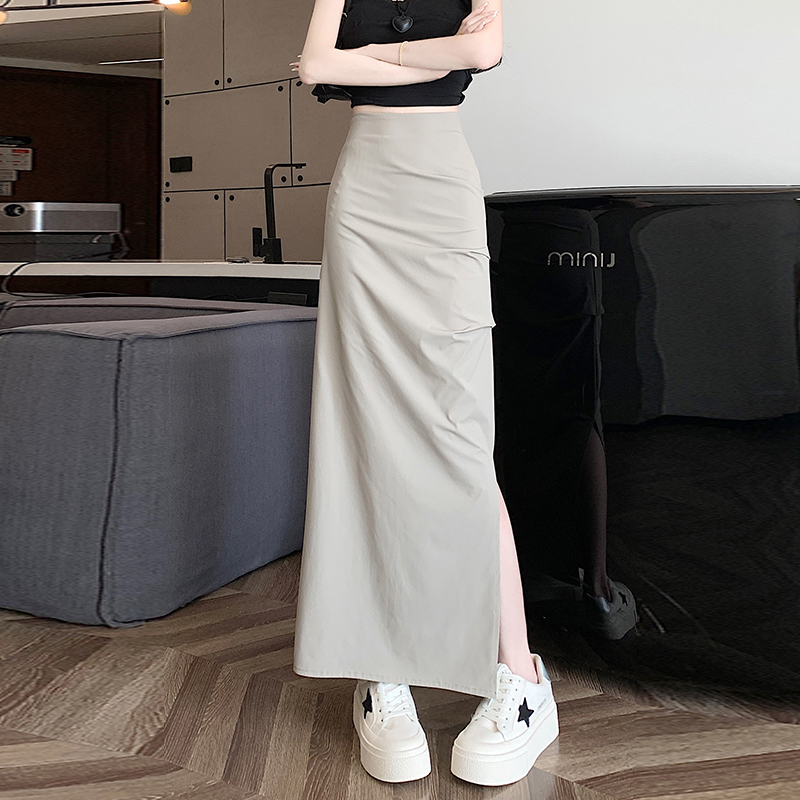 實拍2026春夏新灰色工裝半身裙女新款小個子顯瘦褶皺包臀半裙長裙