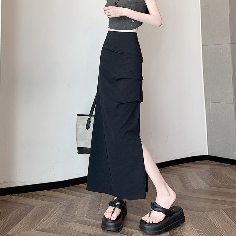 實拍2026春夏新灰色工裝半身裙女新款小個子顯瘦褶皺包臀半裙長裙
