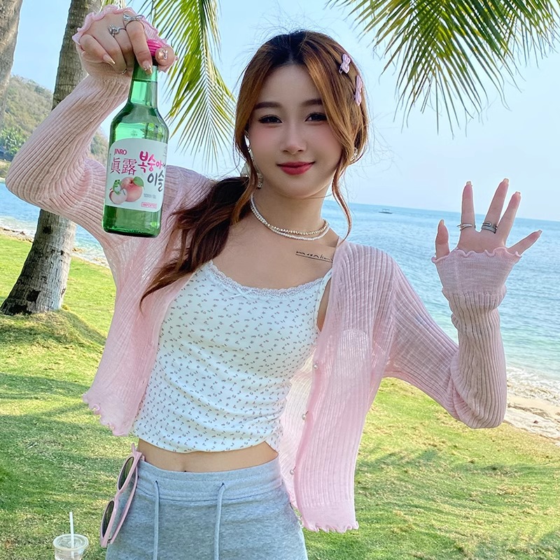 藍色開衫女夏季外搭裙子薄款2026新款防曬罩衫冰絲短款針織上衣