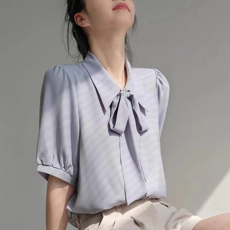 粉色飄帶雪紡短袖襯衫女夏薄款韓系溫柔甜美洋氣垂感小眾港風襯衣