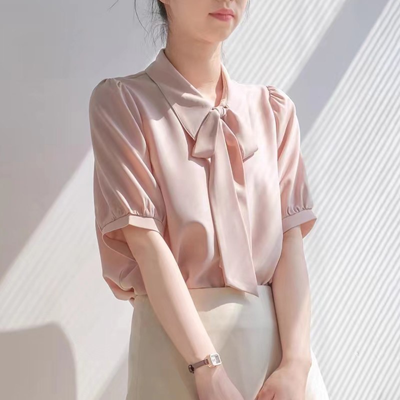 粉色飄帶雪紡短袖襯衫女夏薄款韓系溫柔甜美洋氣垂感小眾港風襯衣