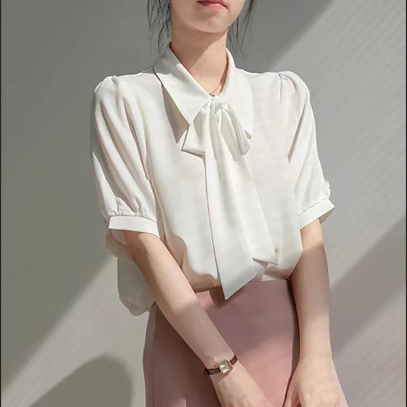 粉色飄帶雪紡短袖襯衫女夏薄款韓系溫柔甜美洋氣垂感小眾港風襯衣