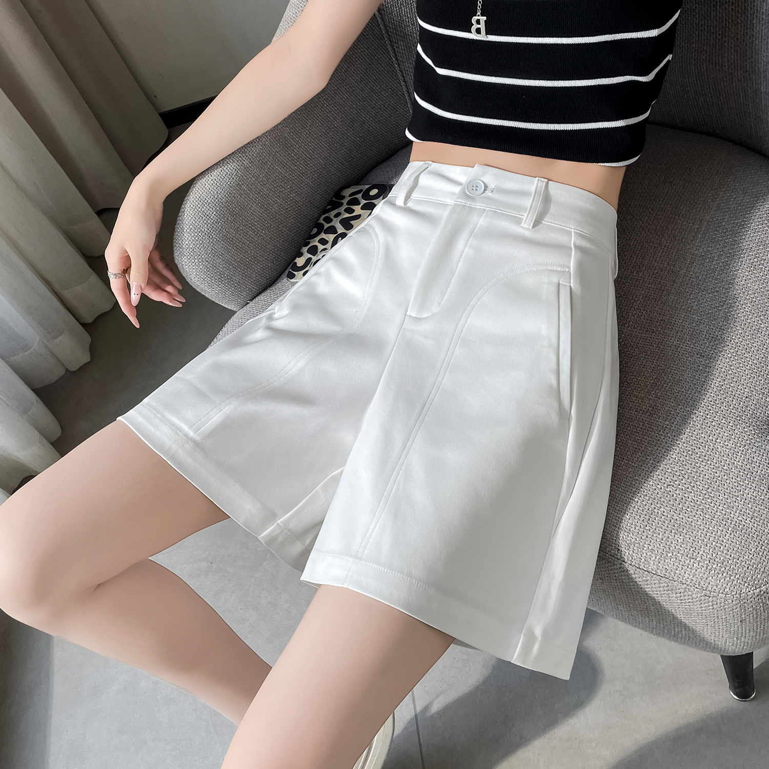 白色工裝短褲女夏季薄款高腰百搭寬松休閑闊腿褲小個子五分A字褲