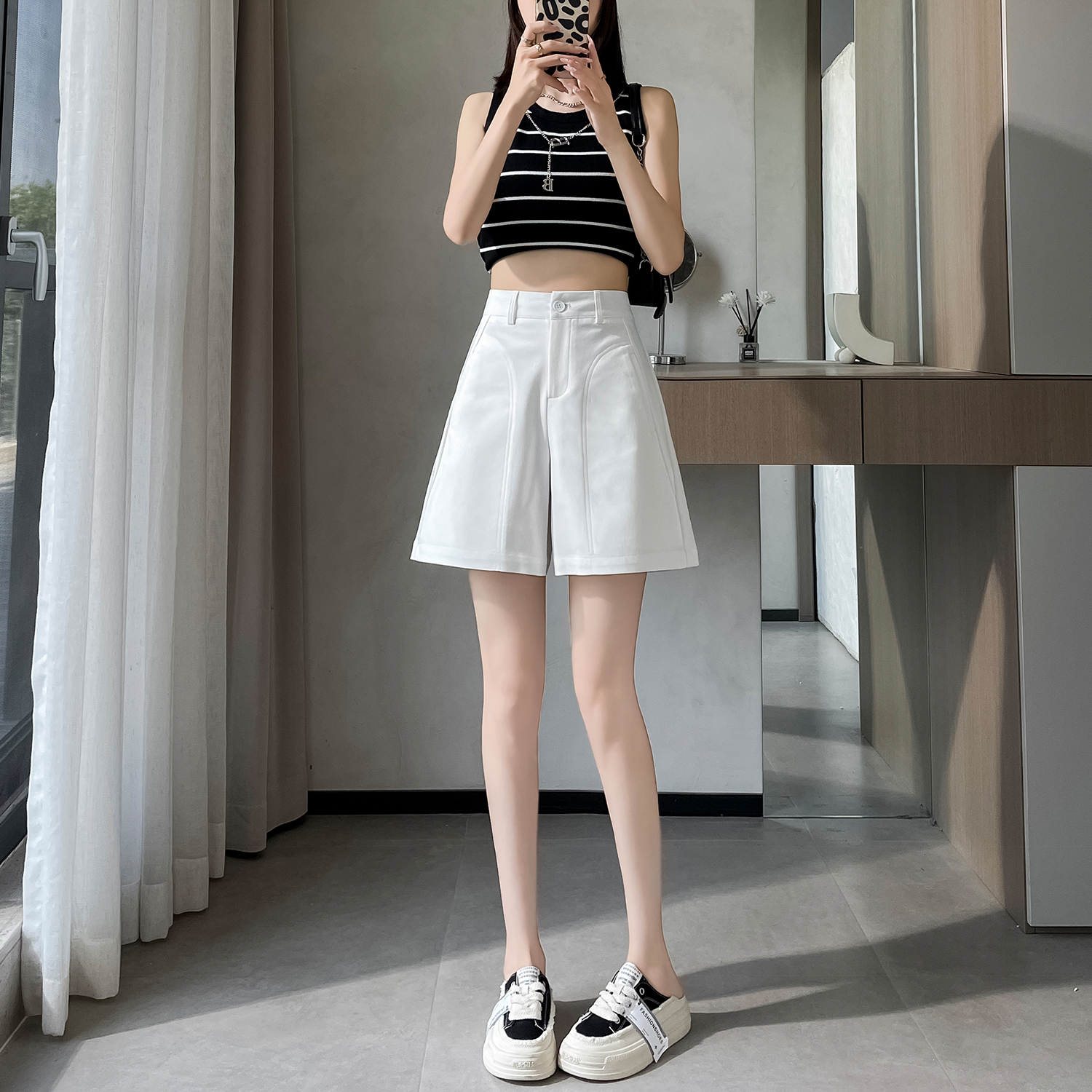 白色工裝短褲女夏季薄款高腰百搭寬松休閑闊腿褲小個子五分A字褲