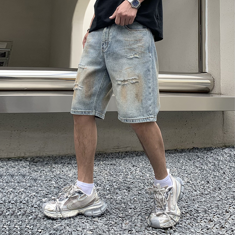實拍復古臟洗做舊破洞牛仔短褲男痞帥潮牌寬松直筒休閑大碼五分褲