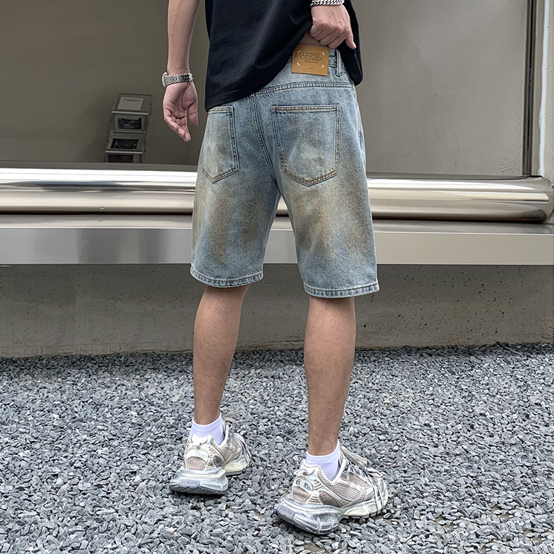 實拍復古臟洗做舊破洞牛仔短褲男痞帥潮牌寬松直筒休閑大碼五分褲