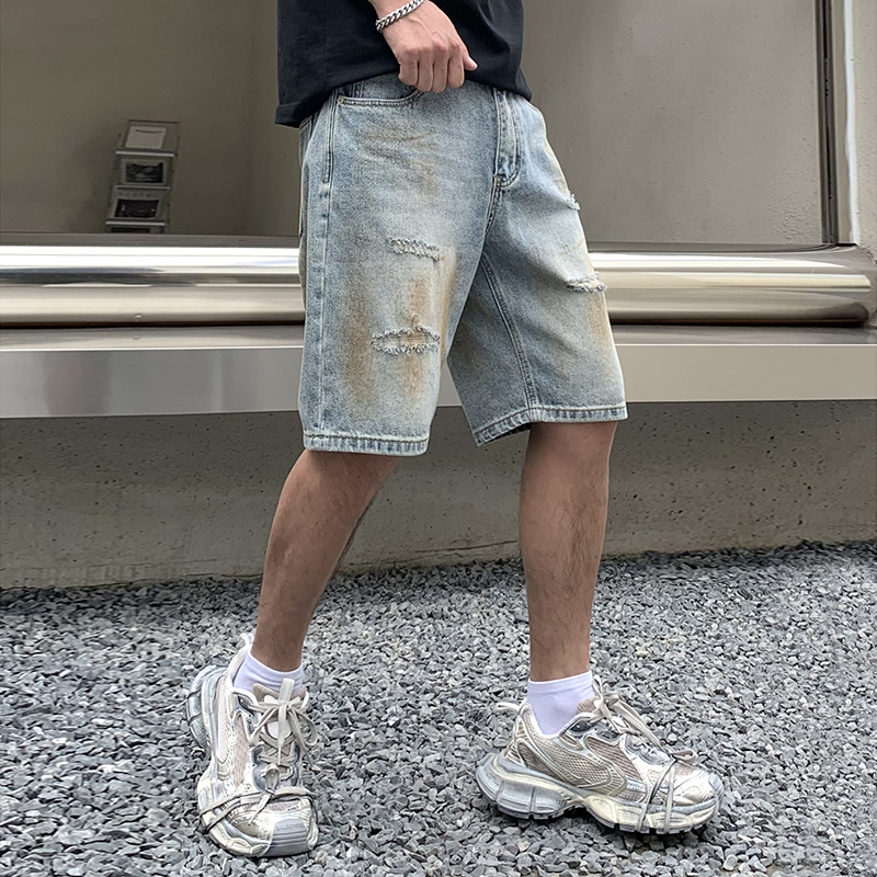 實拍復古臟洗做舊破洞牛仔短褲男痞帥潮牌寬松直筒休閑大碼五分褲