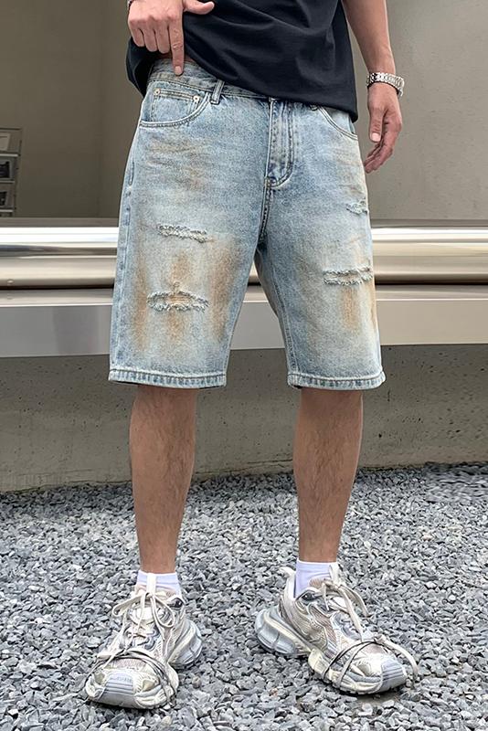 實拍復古臟洗做舊破洞牛仔短褲男痞帥潮牌寬松直筒休閑大碼五分褲