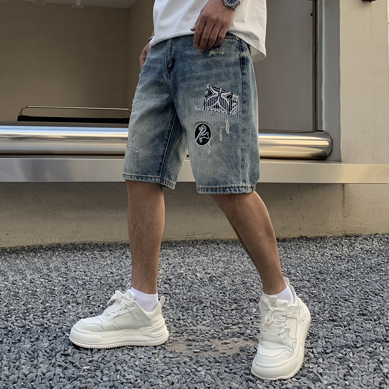 實拍美式破洞刺繡牛仔短褲男寬松潮牌痞帥中褲夏季薄款大碼五分褲