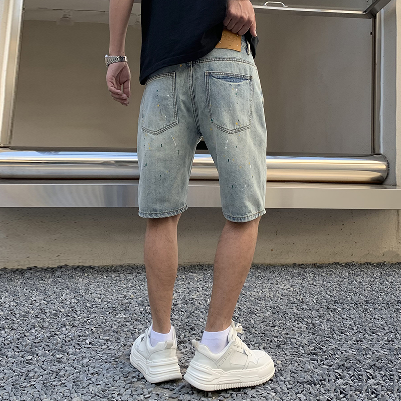 實拍高端復古水洗潑墨牛仔短褲男潮牌刺繡百搭耐磨破洞大碼五分褲
