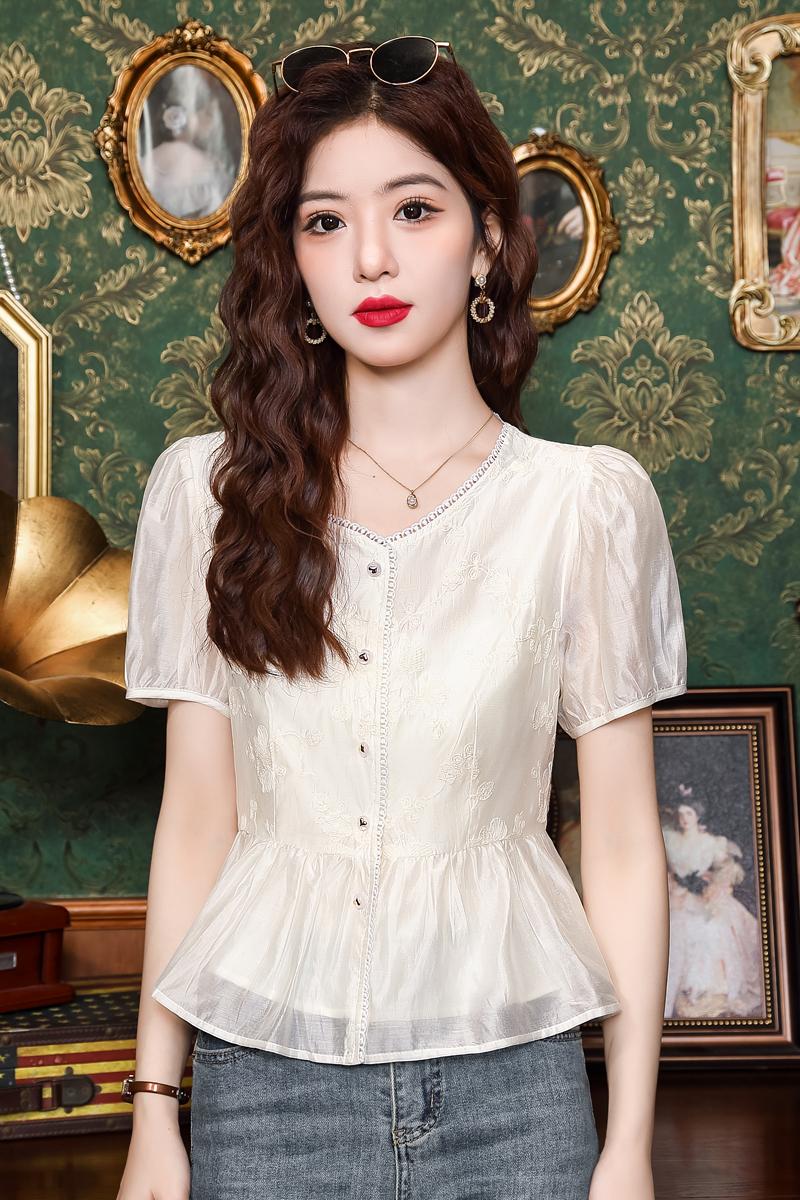 實拍已出貨 開衫有內襯2025新款寬松收腰遮肚女短袖繡花襯衫女夏