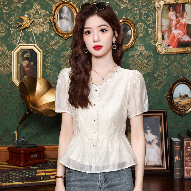 實拍已出貨 開衫有內襯2025新款寬松收腰遮肚女短袖繡花襯衫女夏