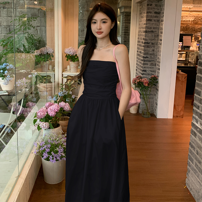 2025夏季新款黑白格子抹胸連衣裙女長法式復古氣質收腰度假長裙潮