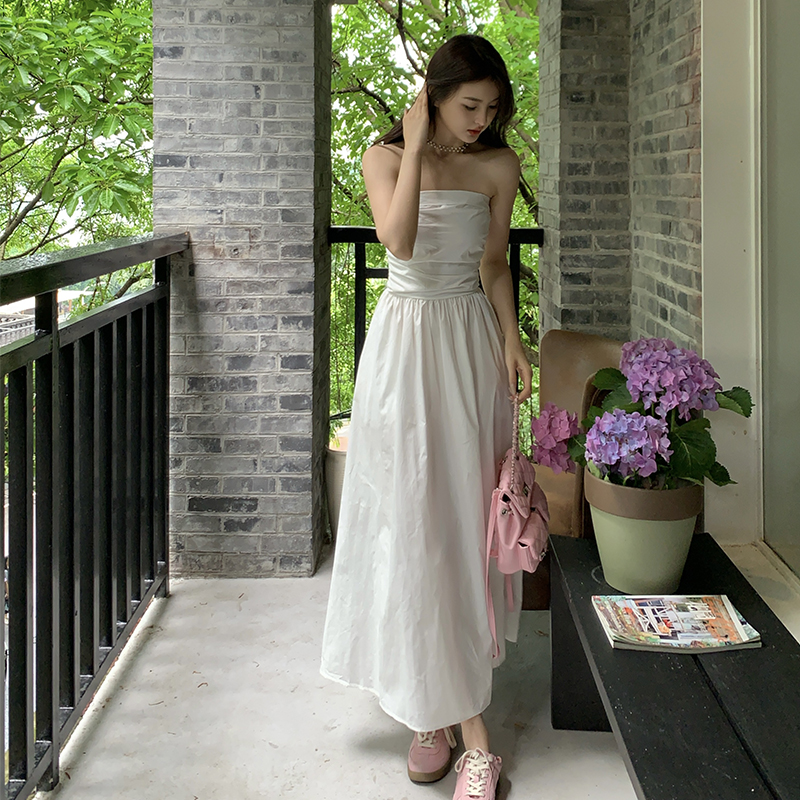 2025夏季新款黑白格子抹胸連衣裙女長法式復古氣質收腰度假長裙潮