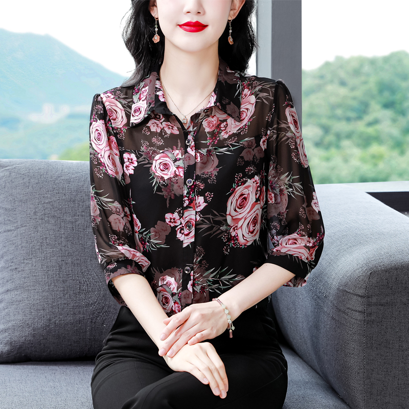 實拍 2026夏季新款減齡七分袖印花襯衫氣質大碼洋氣女小衫