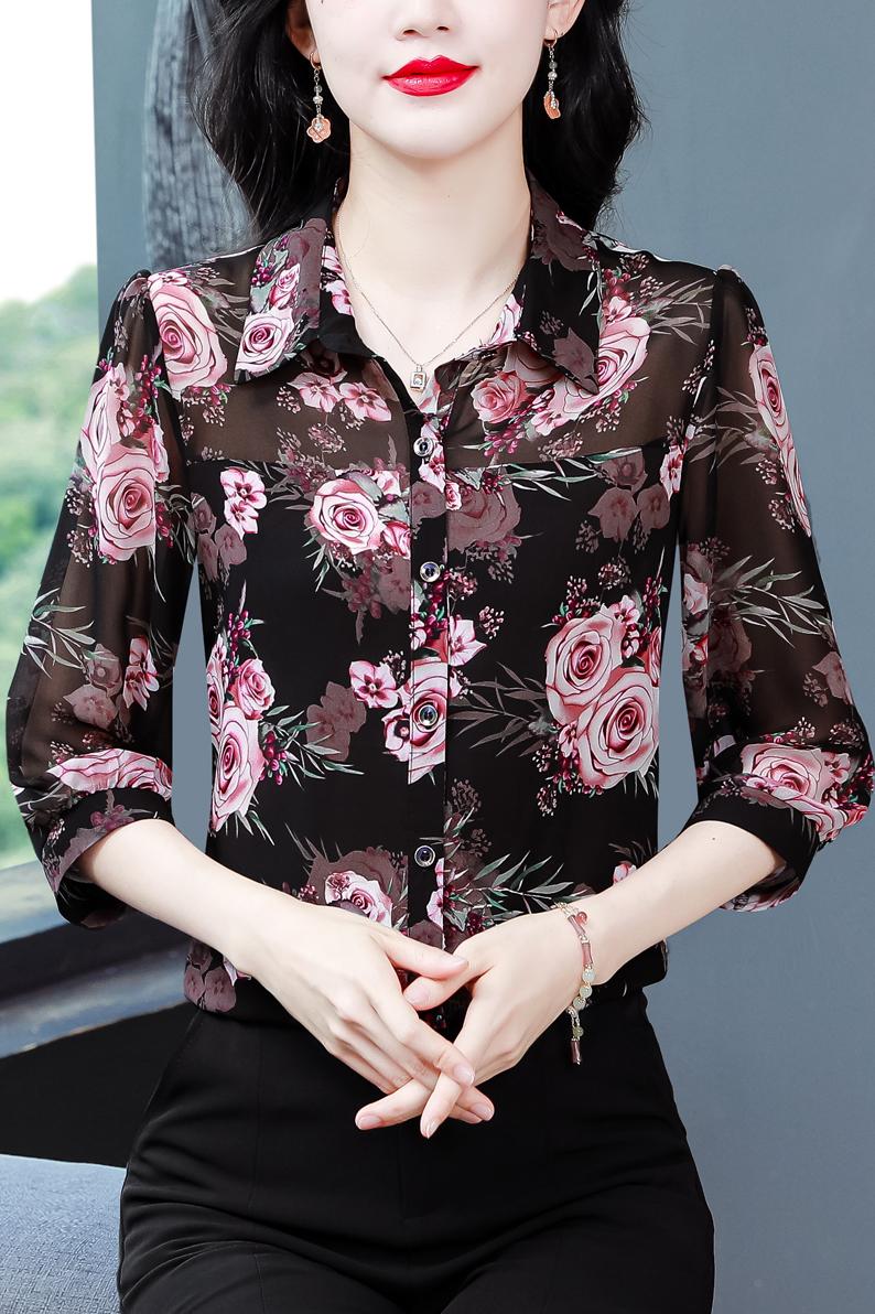 實拍 2026夏季新款減齡七分袖印花襯衫氣質大碼洋氣女小衫