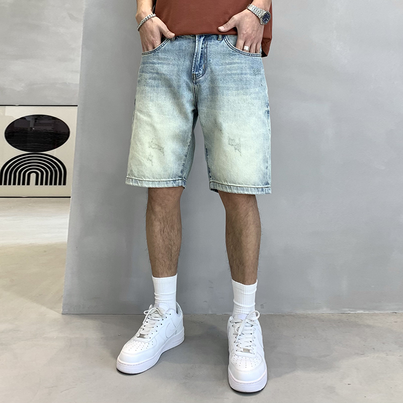 實拍淺色黃泥牛仔短褲男夏季薄款復古中褲美式高街潮牌大碼五分褲