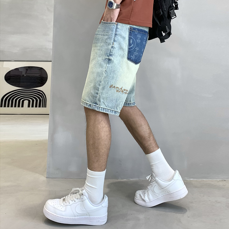 實拍淺色黃泥牛仔短褲男夏季薄款復古中褲美式高街潮牌大碼五分褲