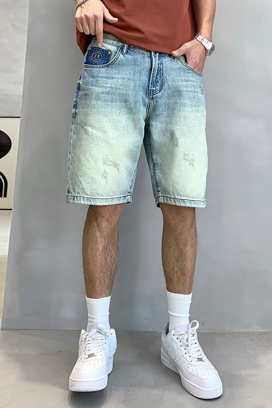 實拍淺色黃泥牛仔短褲男夏季薄款復古中褲美式高街潮牌大碼五分褲