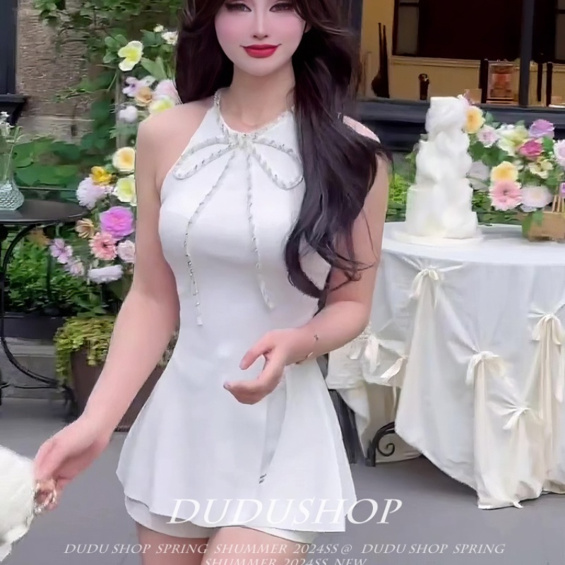 白色蝴蝶結鑲鉆開叉泰式小吊帶背心女夏外穿設計感修身甜辣妹上衣