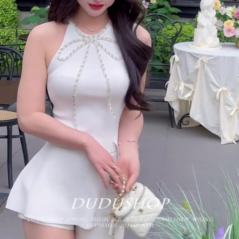 白色蝴蝶結鑲鉆開叉泰式小吊帶背心女夏外穿設計感修身甜辣妹上衣