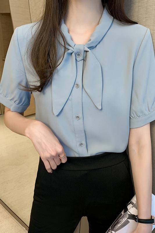 氣質短袖領結雪紡襯衫女2026年夏季設計感小眾藍色上衣復古襯衣