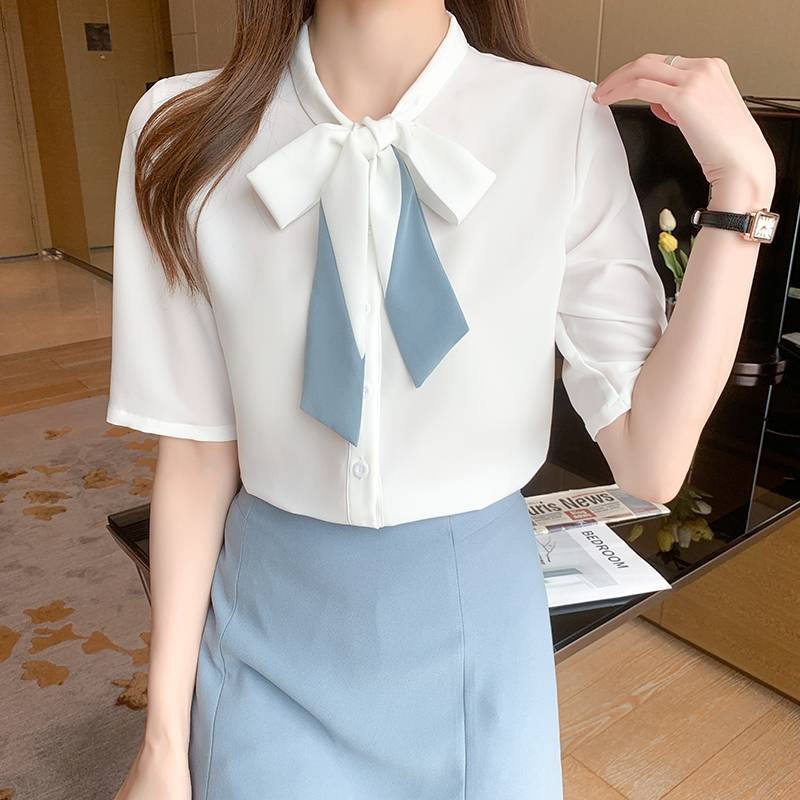 短袖雪紡襯衫女夏裝2026年新款蝴蝶結氣質職業OL襯衣時尚洋氣上衣