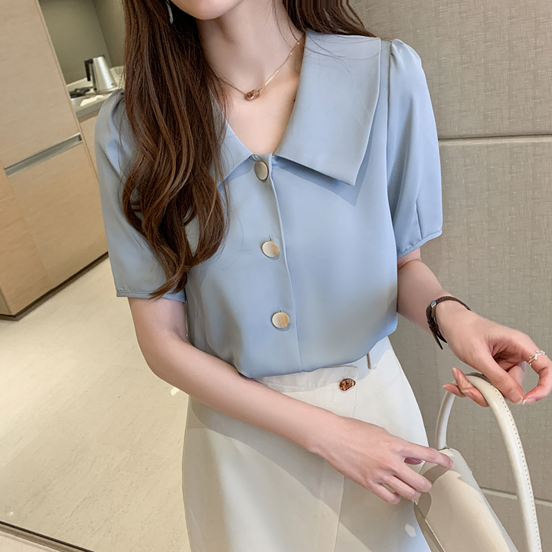 法式復古襯衫女寬松V領單排扣上衣2026夏新款白色打底雪紡衫