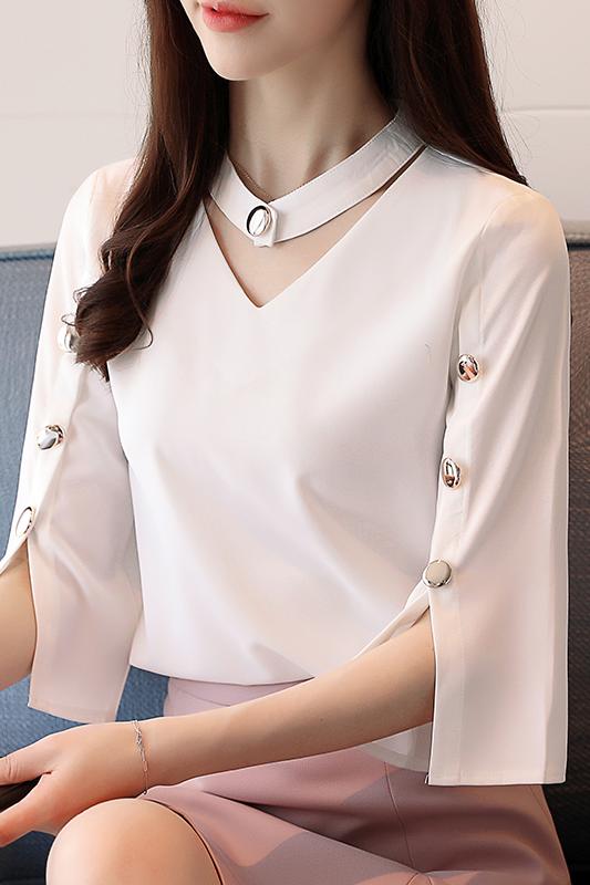 2026夏裝新款V領雪紡衫女設計感小眾亮扣純色寬松短袖上衣女