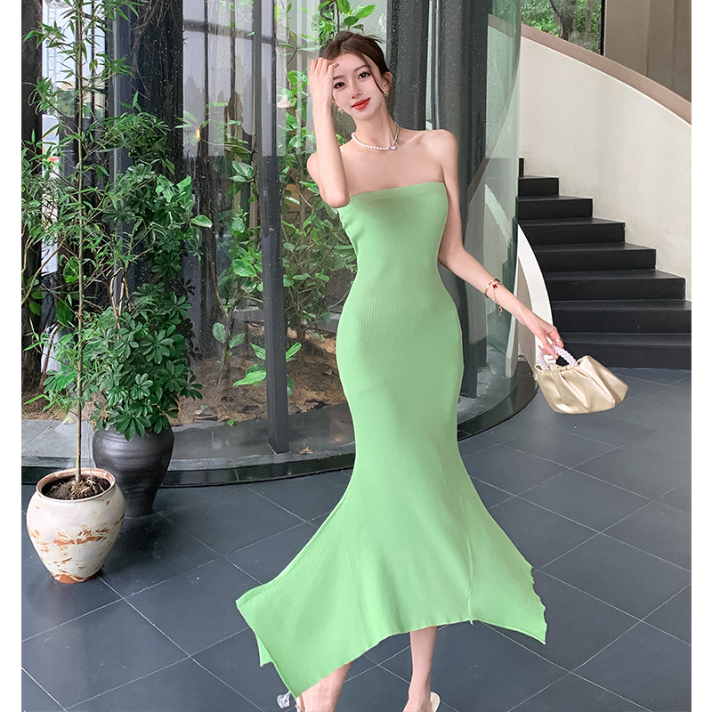 實拍抹胸針織連衣裙女夏高級感露肩修身顯瘦長款包臀魚尾長裙