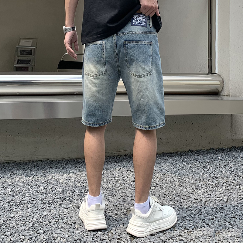 實拍美式休閑刺繡破洞補丁潮牌牛仔短褲男士寬松百搭大碼五分褲