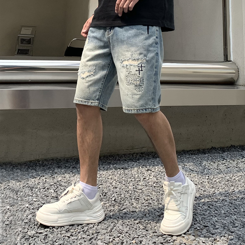 實拍美式休閑刺繡破洞補丁潮牌牛仔短褲男士寬松百搭大碼五分褲