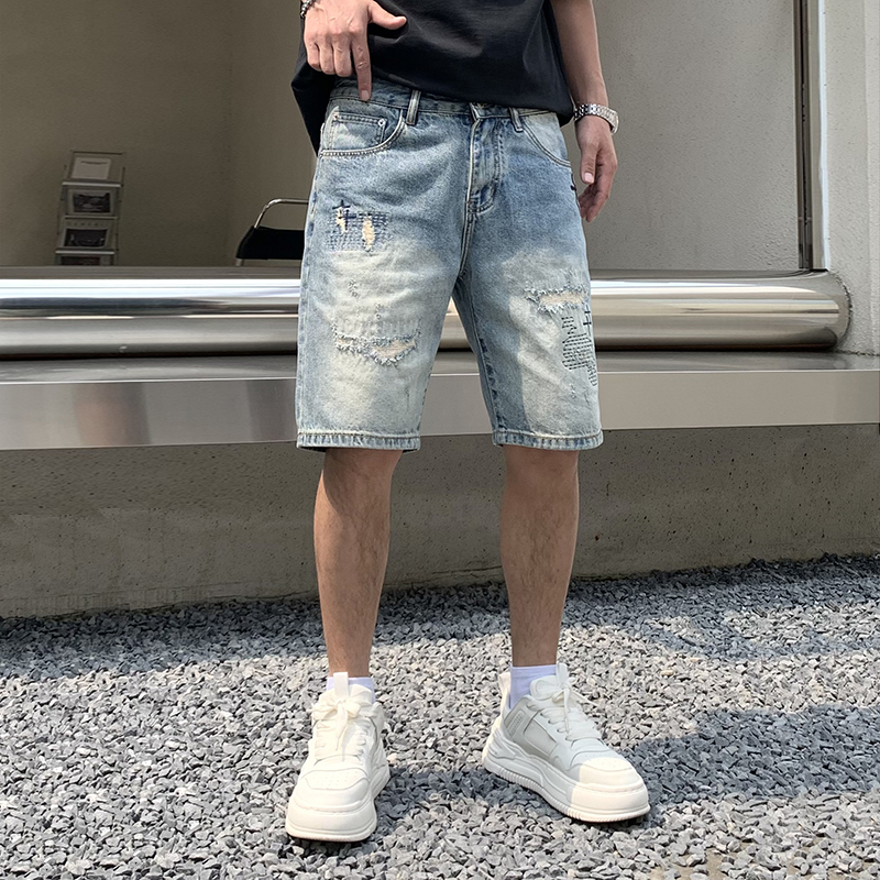 實拍美式休閑刺繡破洞補丁潮牌牛仔短褲男士寬松百搭大碼五分褲