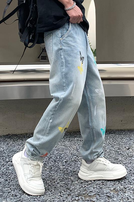 實拍美式高街潮流蝴蝶印花夏季牛仔褲男士寬松百搭痞帥大碼褲子