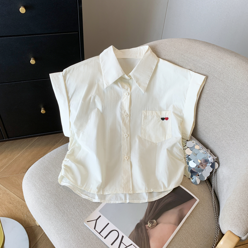 實拍 白色愛心刺繡正肩短袖襯衫女夏季法式襯衣休閑寬松上衣