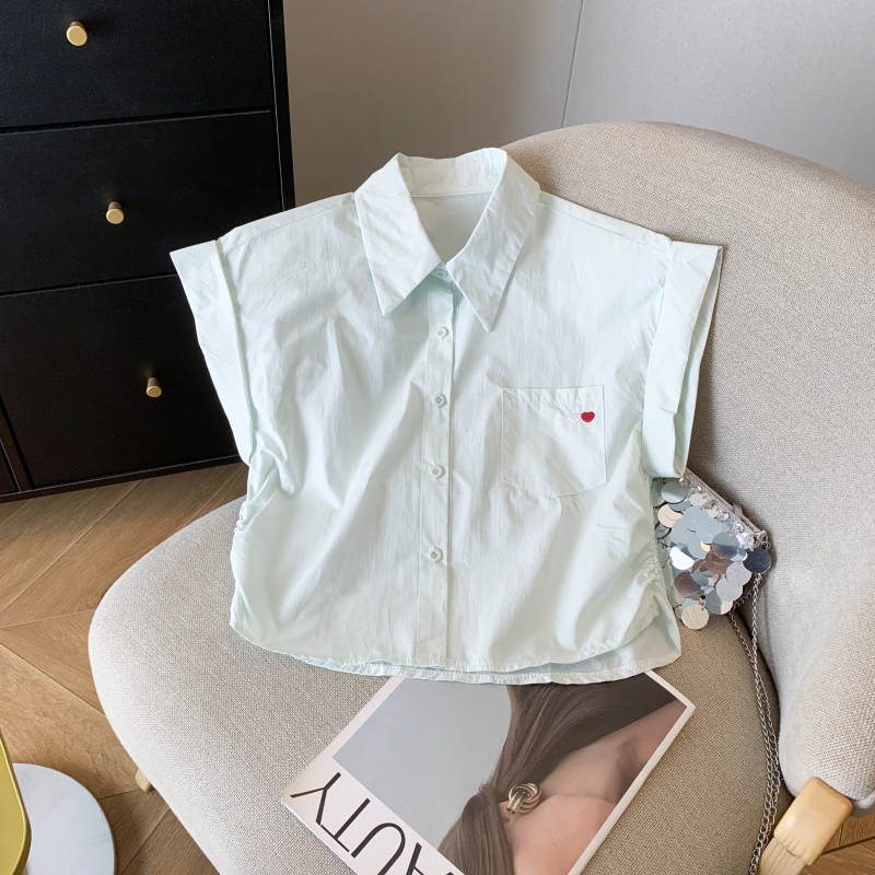 實拍 白色愛心刺繡正肩短袖襯衫女夏季法式襯衣休閑寬松上衣