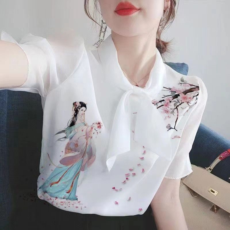 2024夏季新款減齡顯瘦時尚裝韓版女裝洋氣圍巾領美人圖印花女上衣