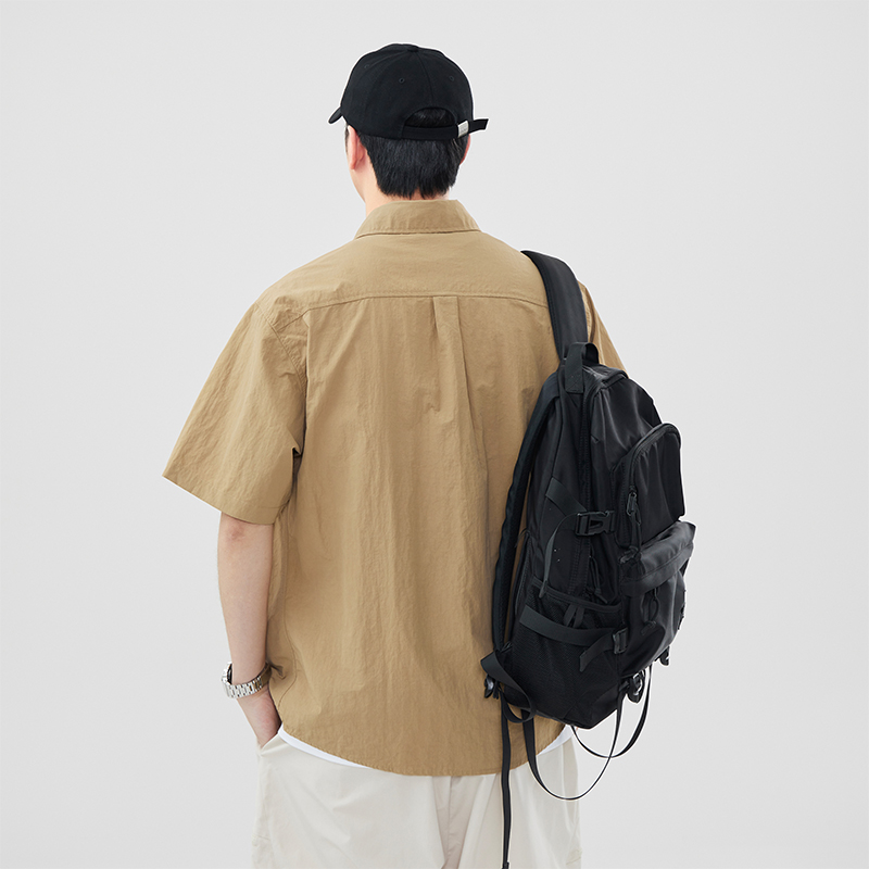 實拍夏季短袖襯衫男寬松百搭冰感透氣彈力休閑工裝襯衣