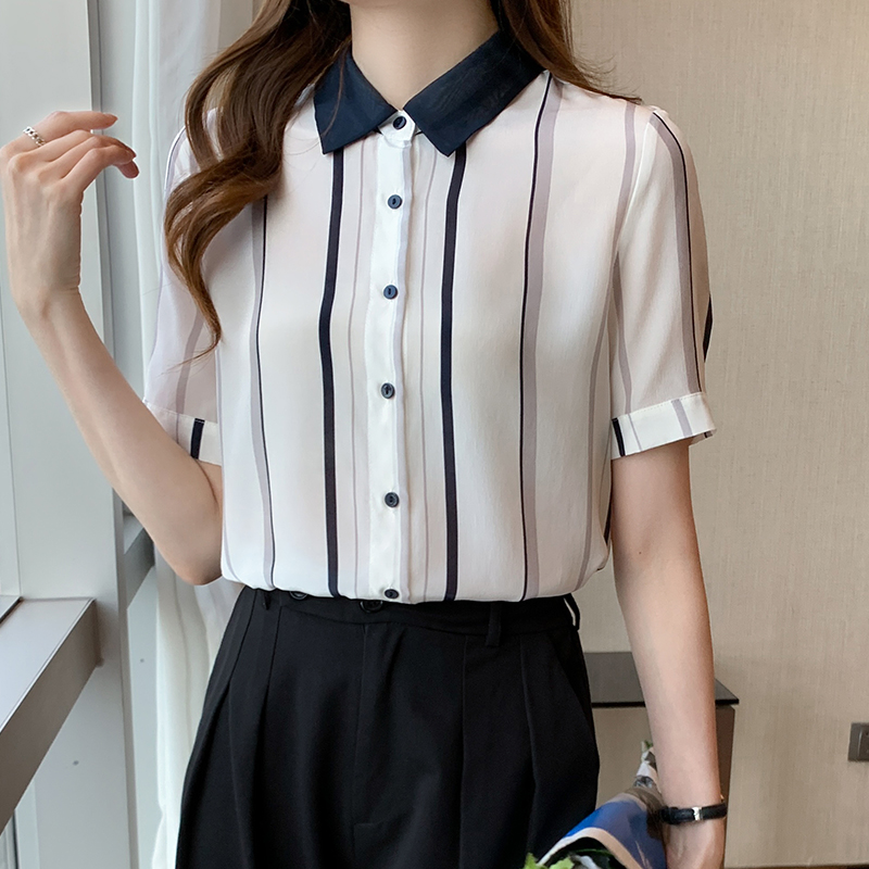 撞色條紋短袖襯衫女2026夏季新款氣質立領短袖顯瘦雪紡衫上衣