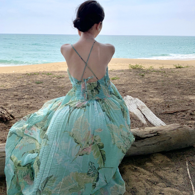 實拍嶼海之約薄荷綠碎花吊帶掛脖連衣長裙春夏度假沙灘裙子